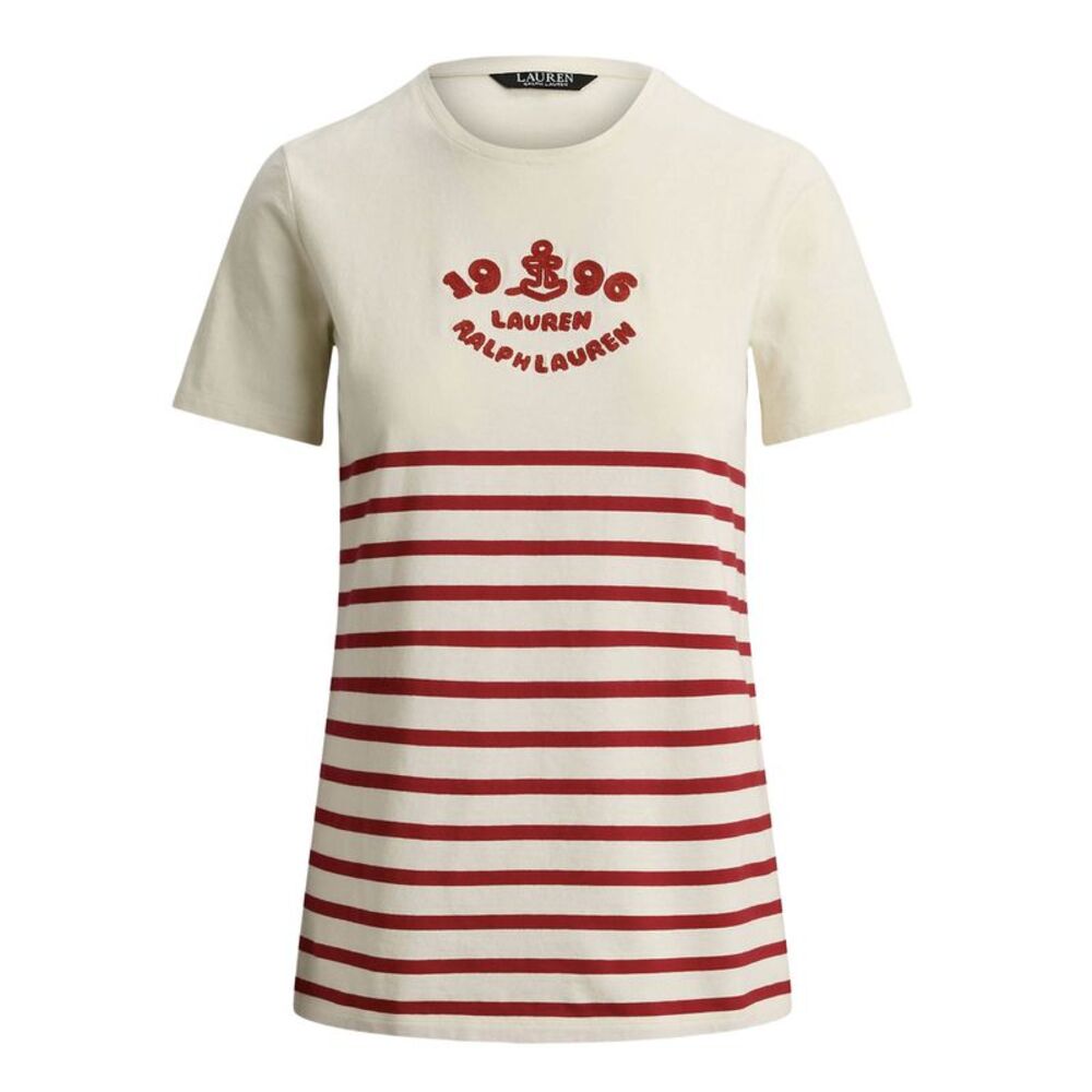 Lauren Ralph Lauren Womens Striped Embroidered-Logo Jersey Tee L Cream/Red NWT